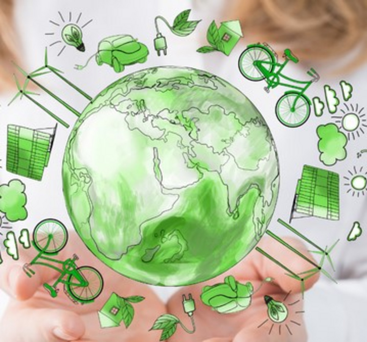 Terre entourée d'éléments représentant l'écologie et l'écoresponsabilité.